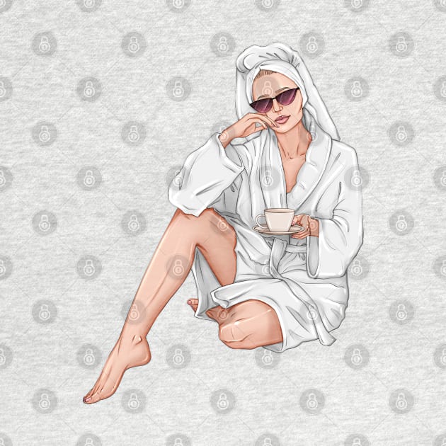 Beautiful woman with cup of tea in white spa robe by ArctiumStudio